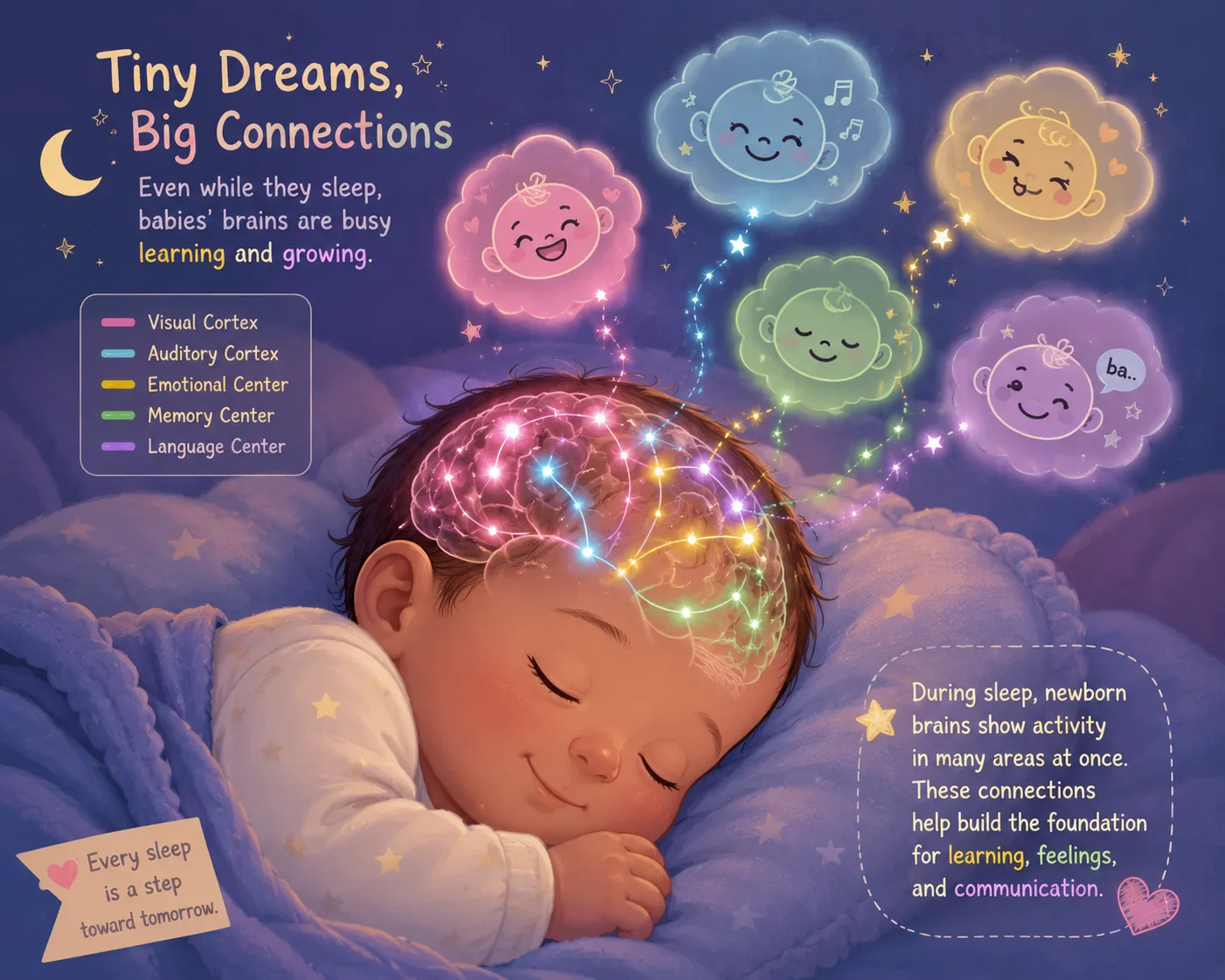 Illustration of newborn brain activity during sleep causing smiles