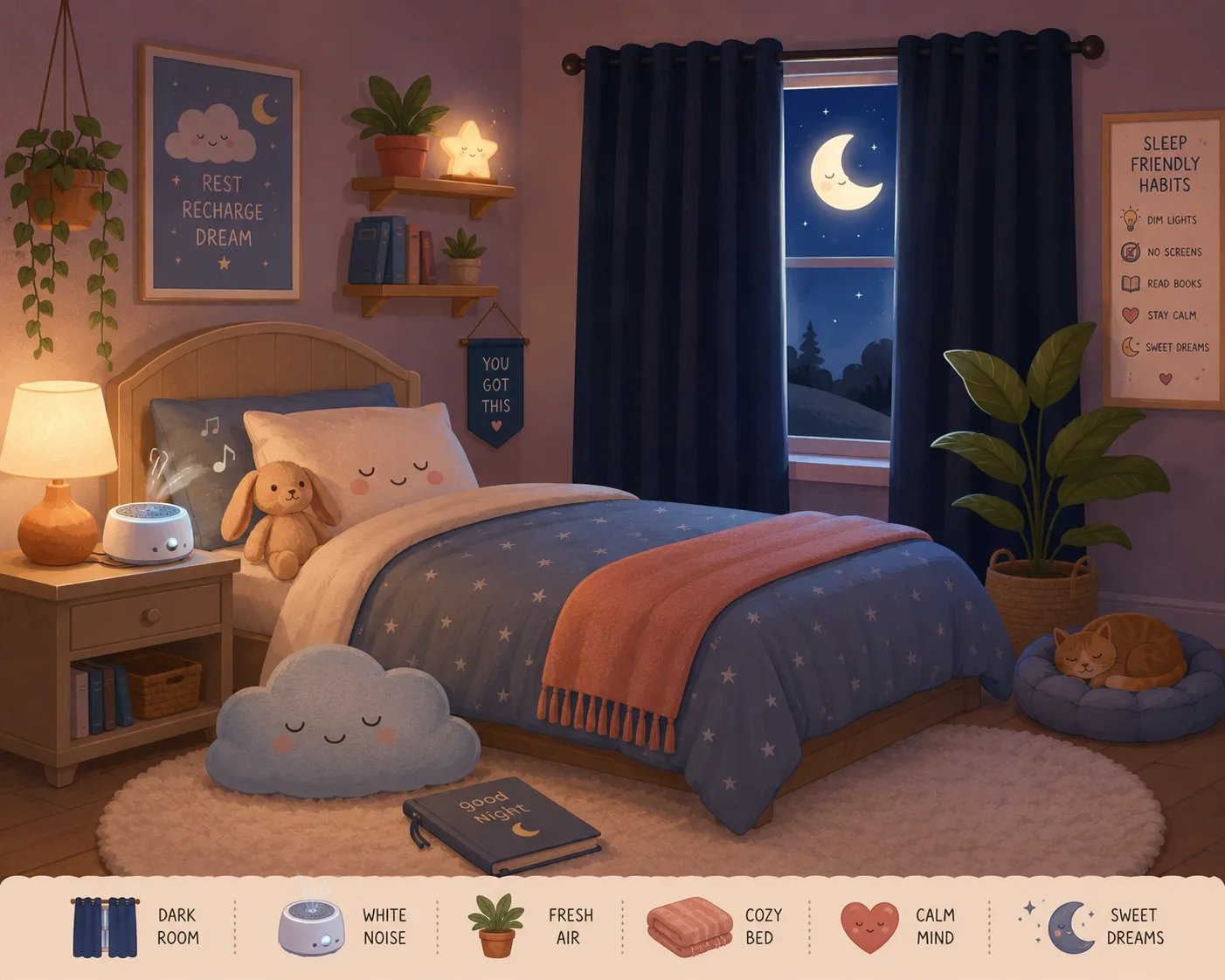 Soft cozy illustration of a peaceful sleep-friendly bedroom setup