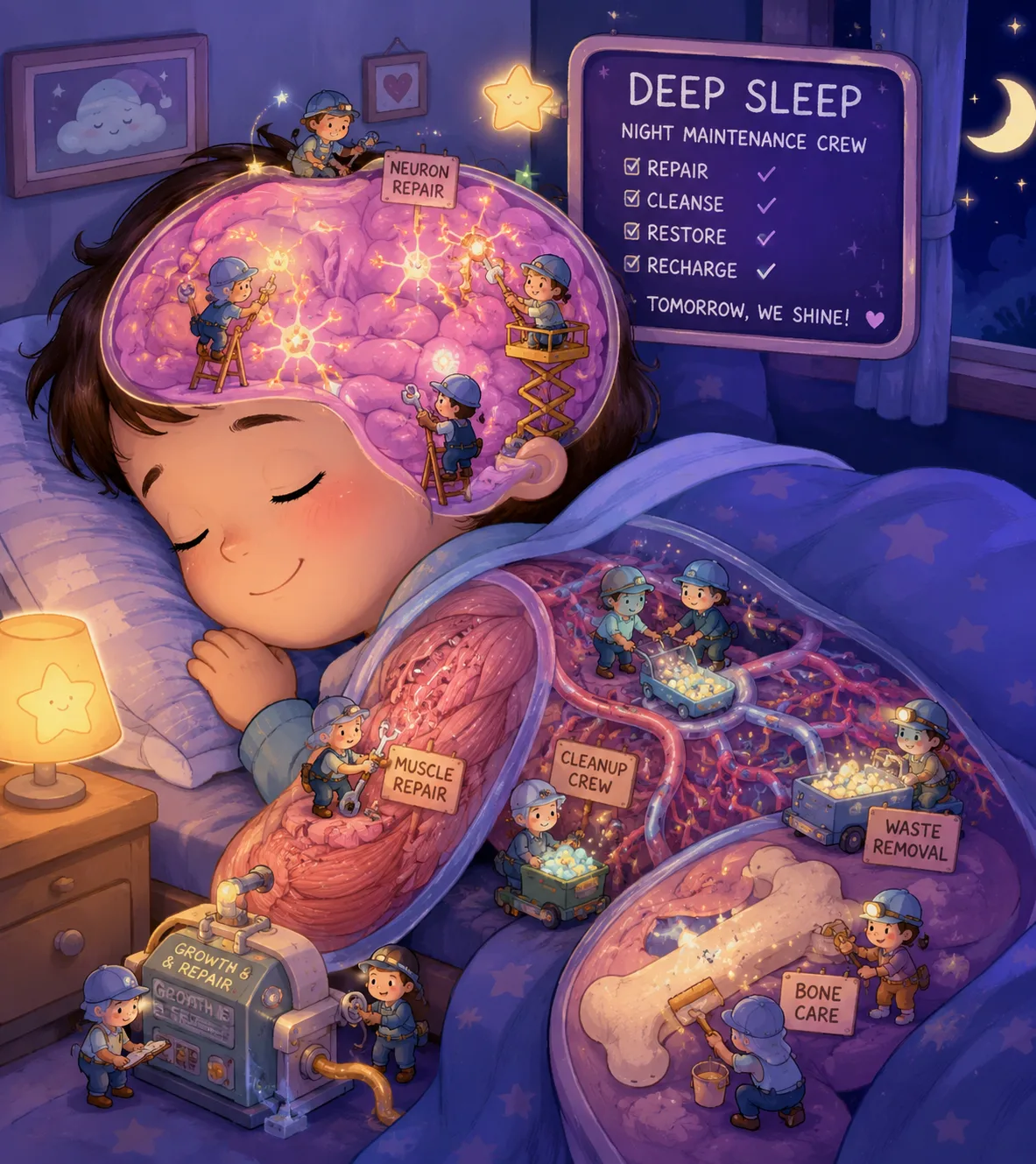 Whimsical illustration of deep sleep repairing the body and brain