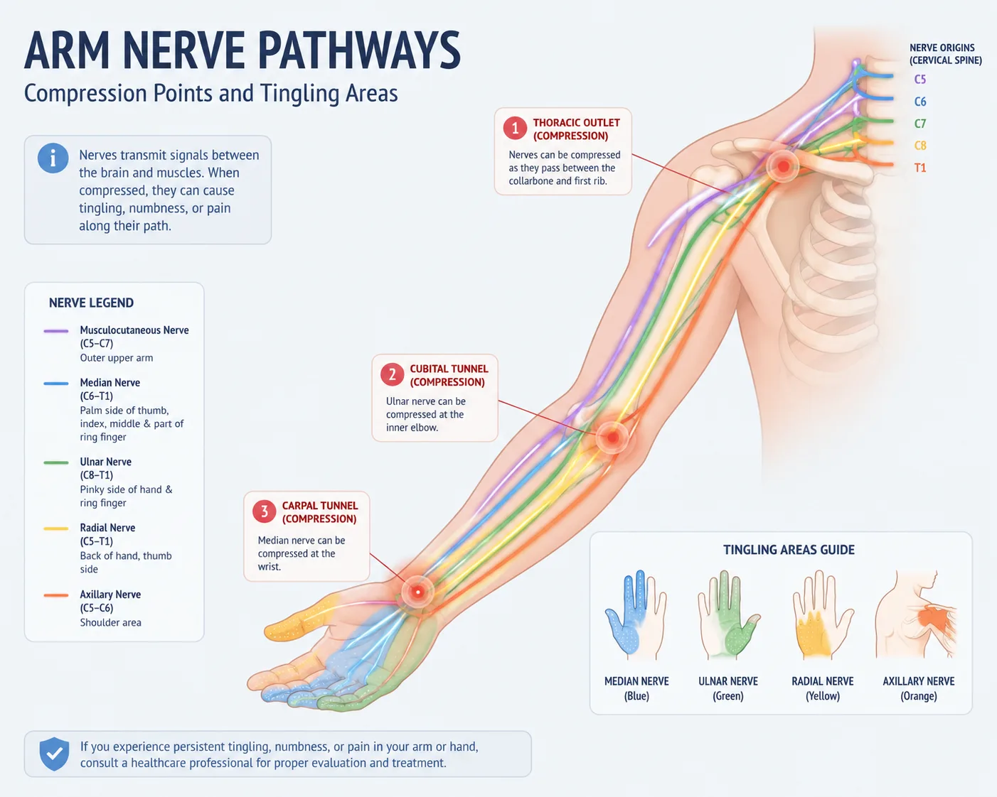 Arm nerves showing compression and tingling areas