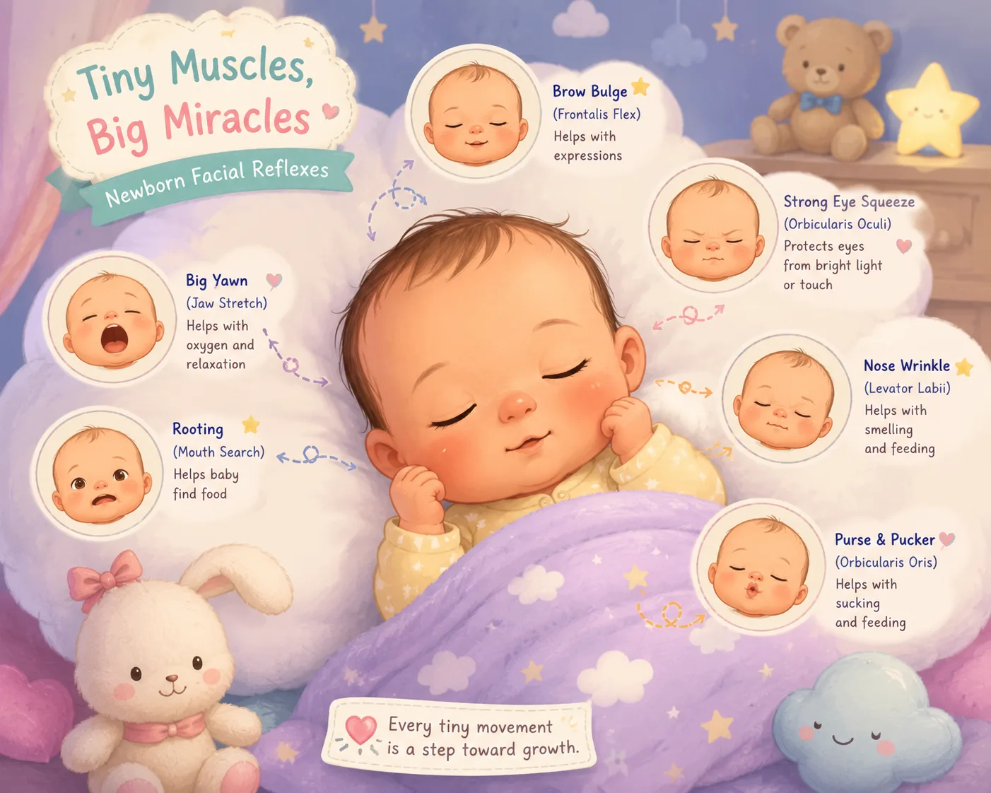 Cartoon newborn practicing facial reflexes while sleeping