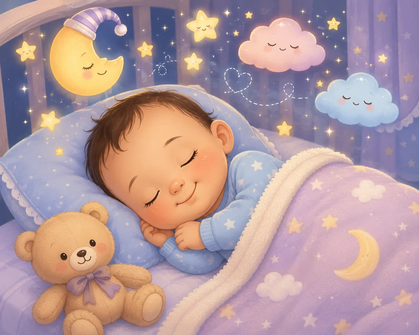 Newborn baby smiling gently during REM sleep