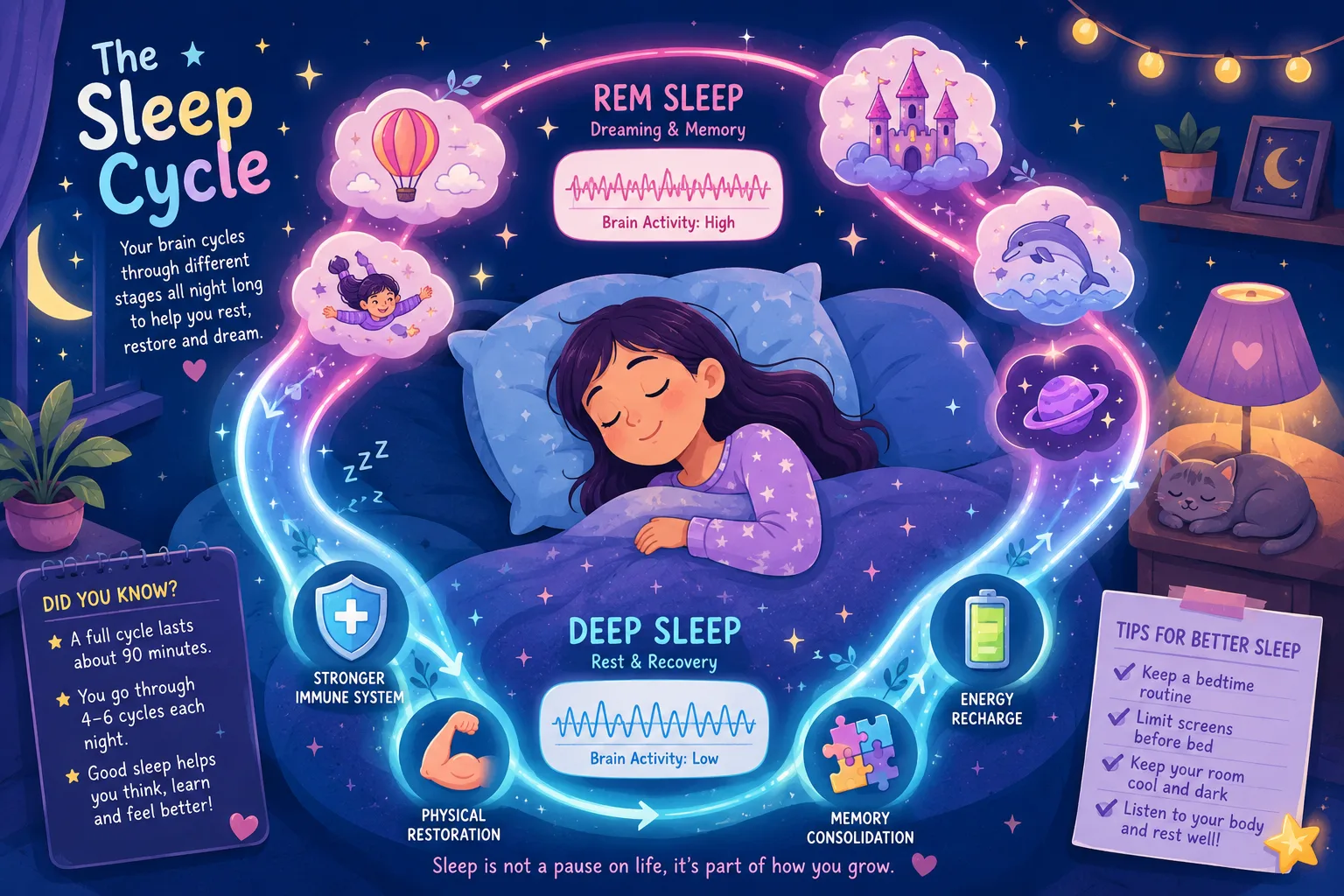 Colorful educational illustration of REM and deep sleep cycles