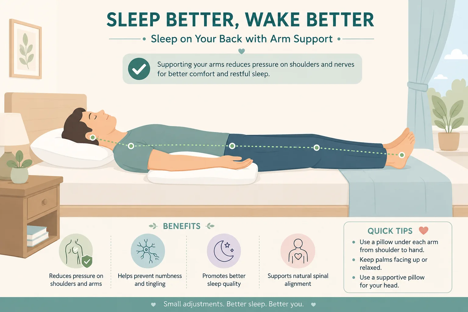 Proper sleeping positions with pillow support for arms
