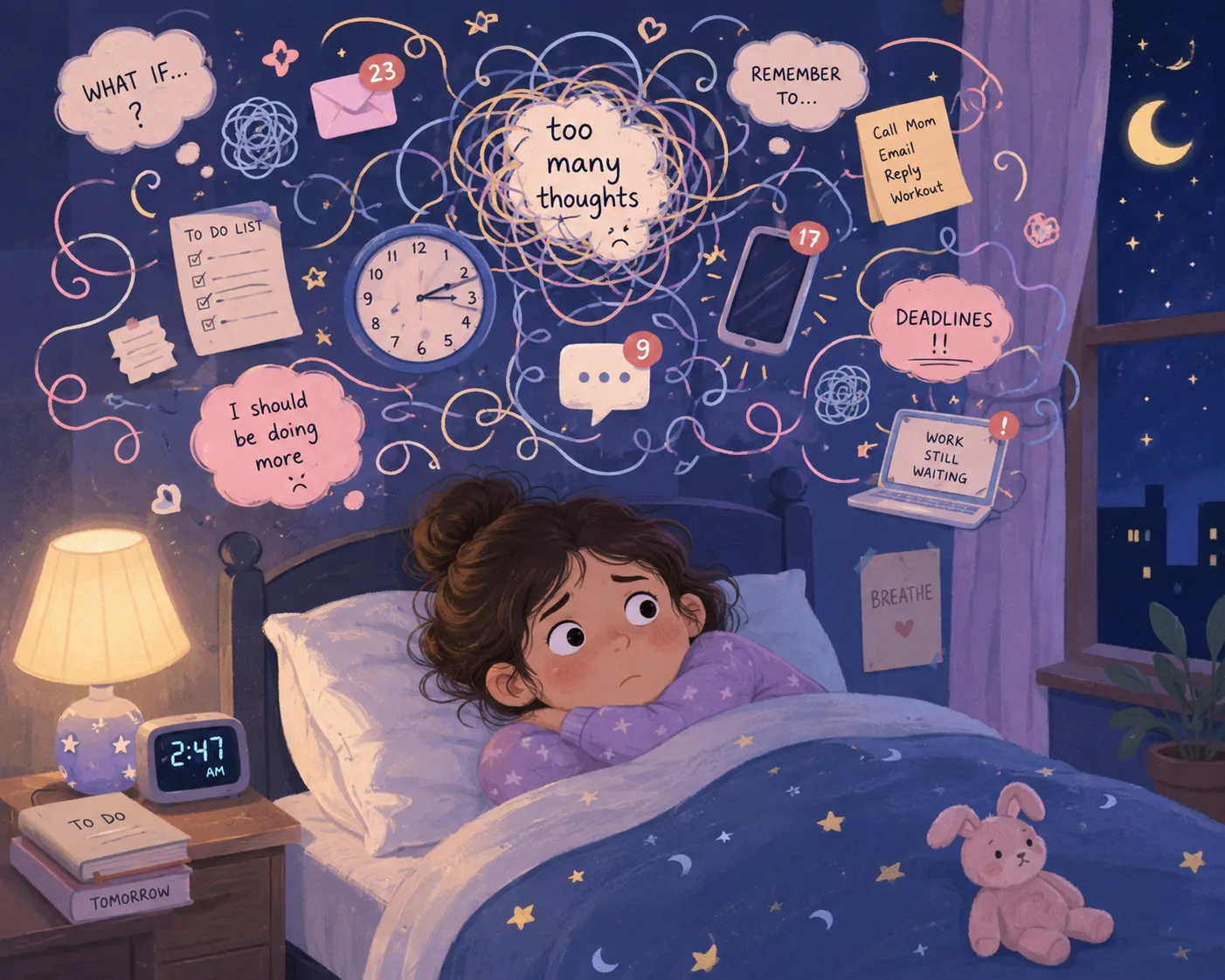 Pastel illustration of stress and mental overload disrupting sleep